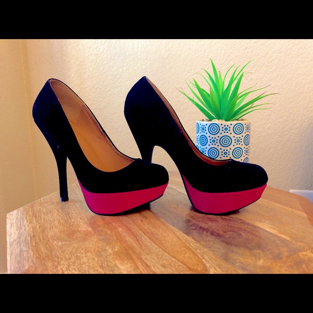 Velvet Pumps Black And Fuchsia (Pink) Qupid